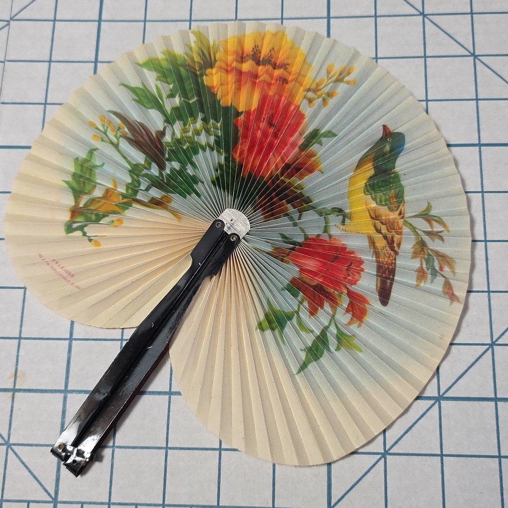 Chinese Paper Folding Hand Fan W/Metal Handle, Vintage Mid-Century, 29
